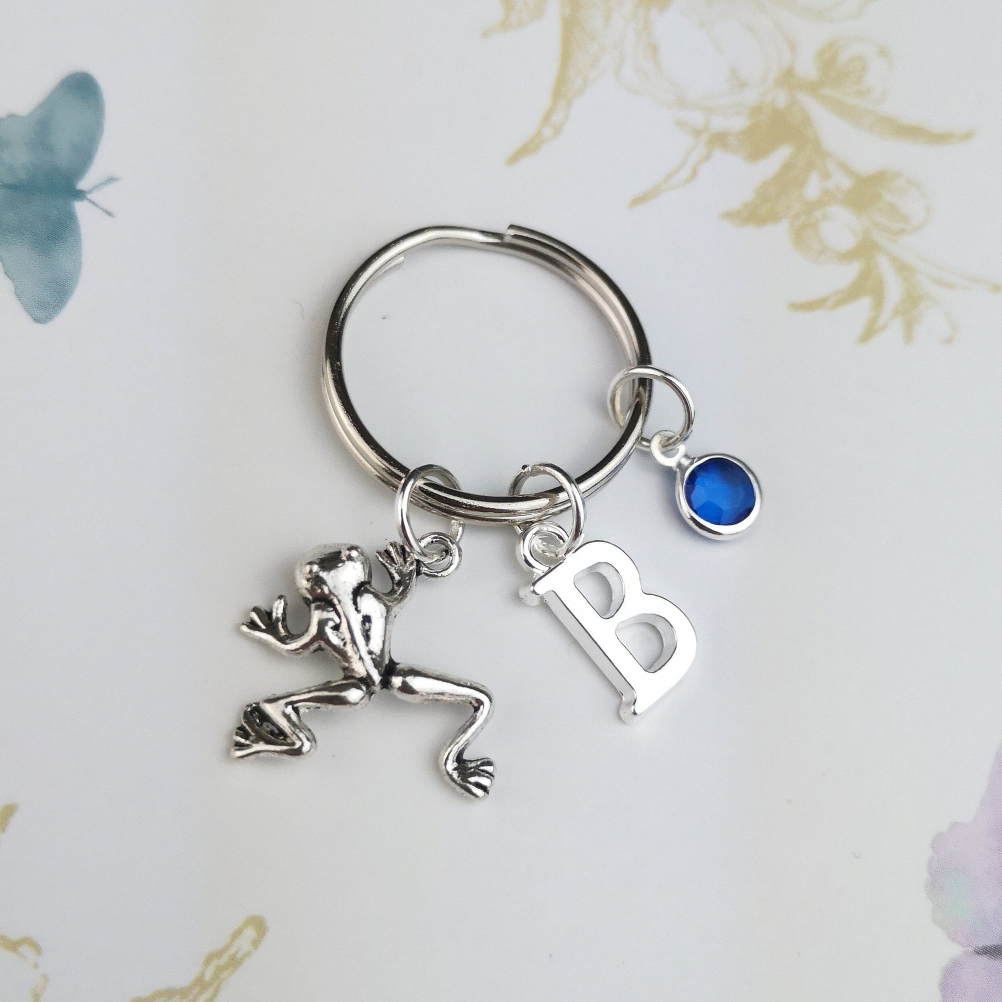 frog keyring with initial and birthstone