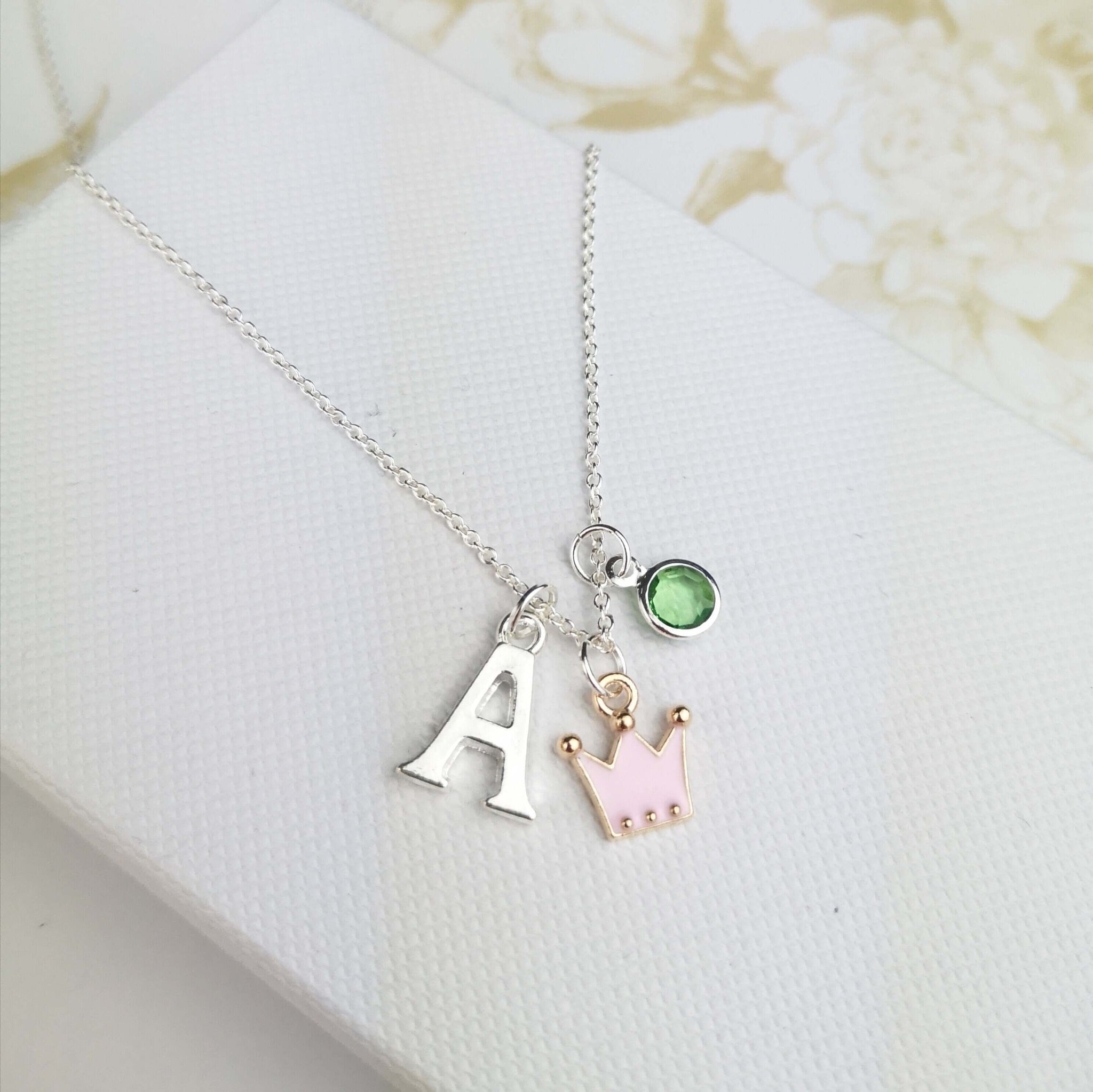 pink crown necklace with initial and birthstone
