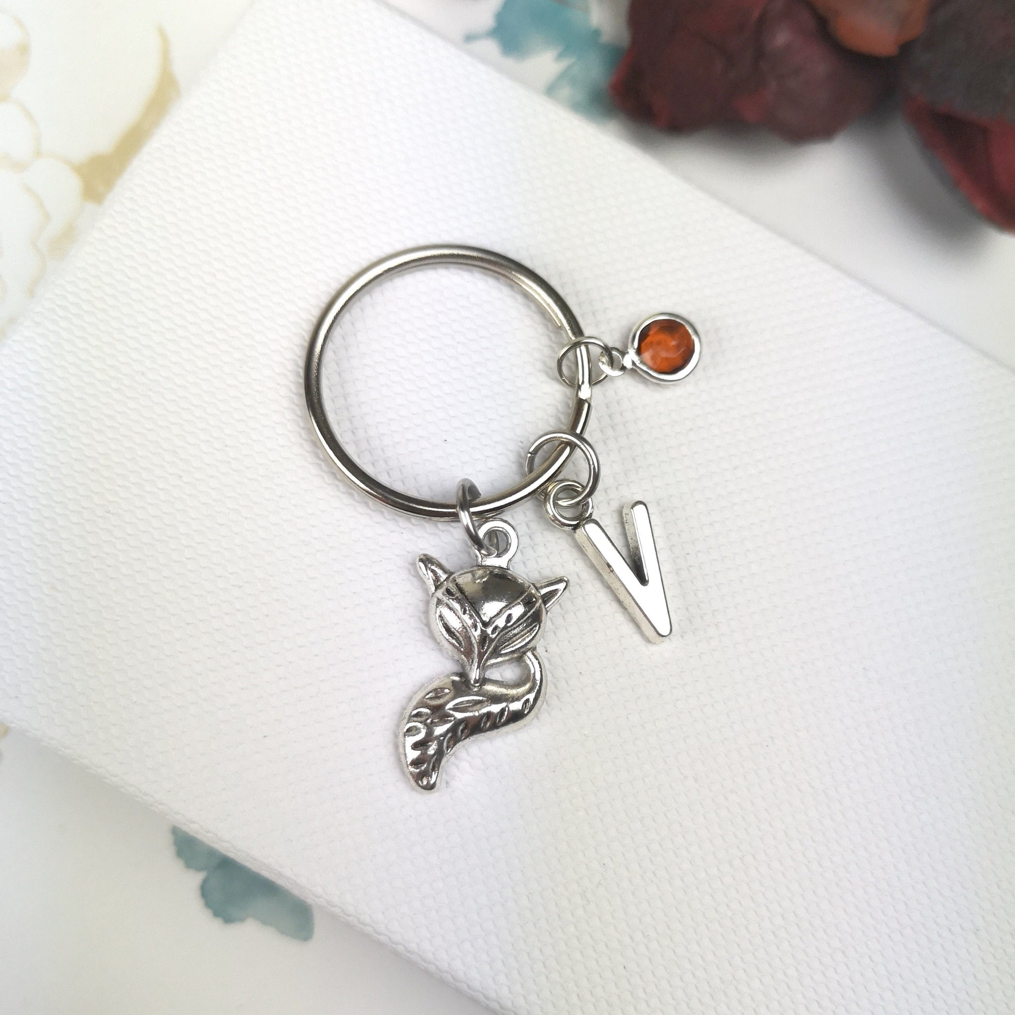 fox keyring with initial and birthstone