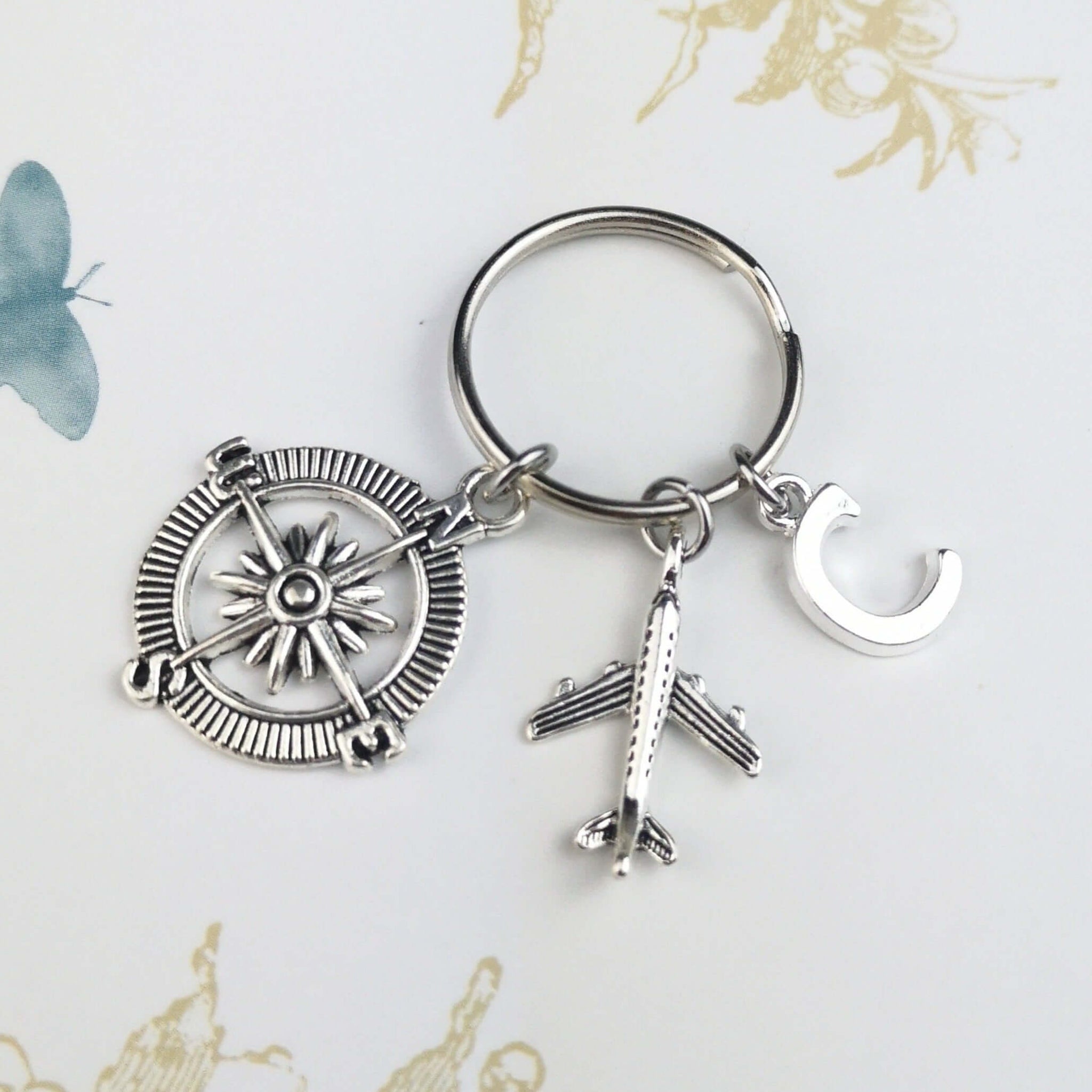 Compass keyring with initial
