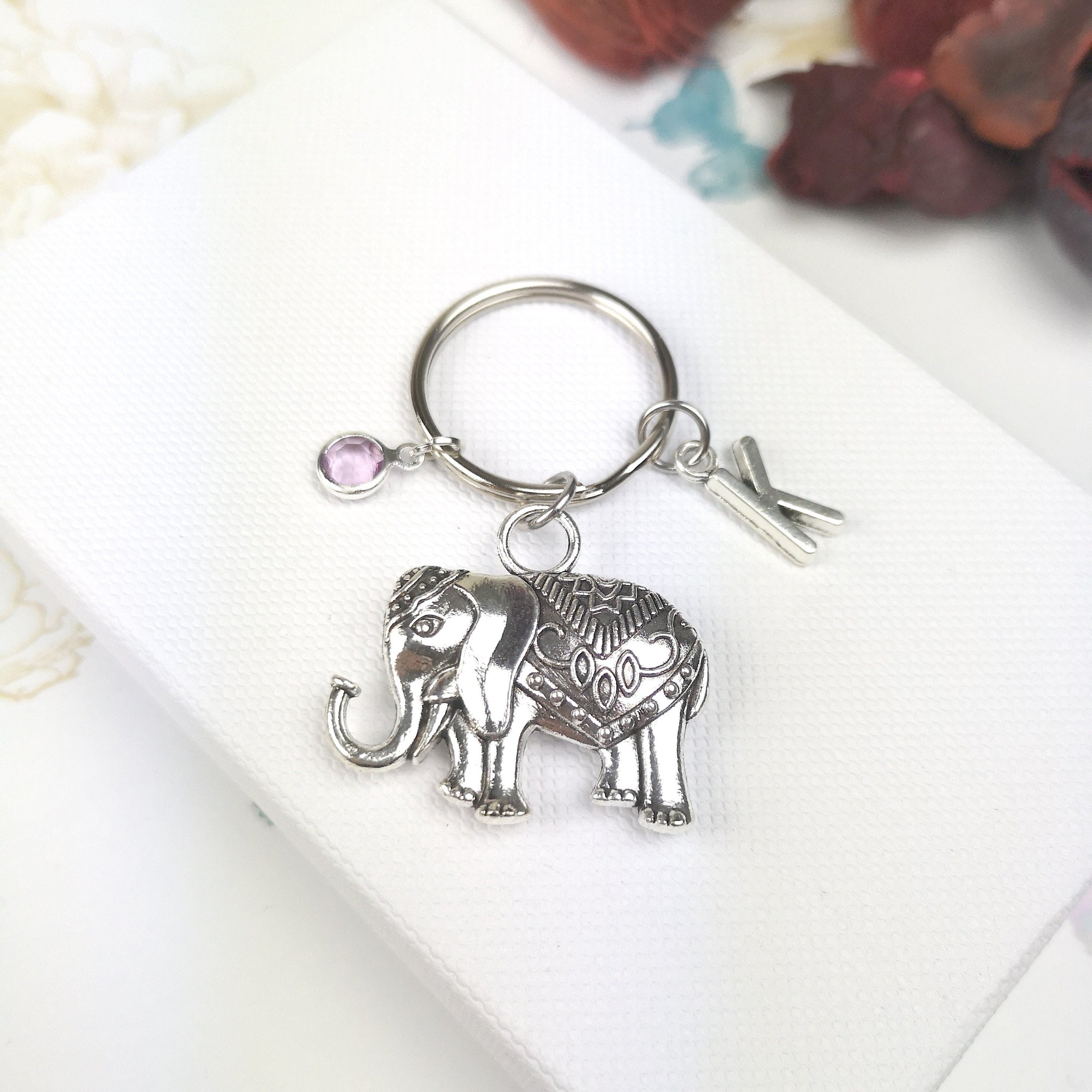 elephant keyring with initial and birthstone