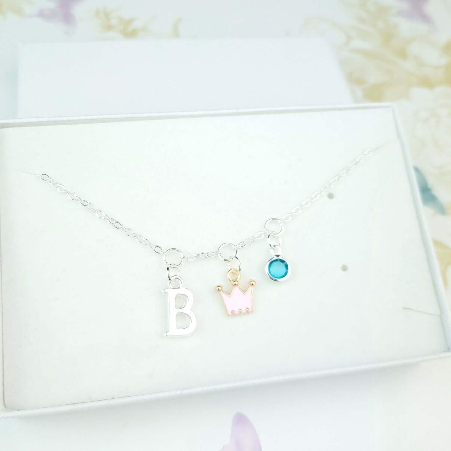 Personalised crown bracelet for children with initial and birthstone