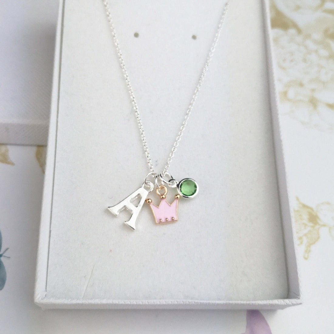 pink crown necklace with initial and birthstone