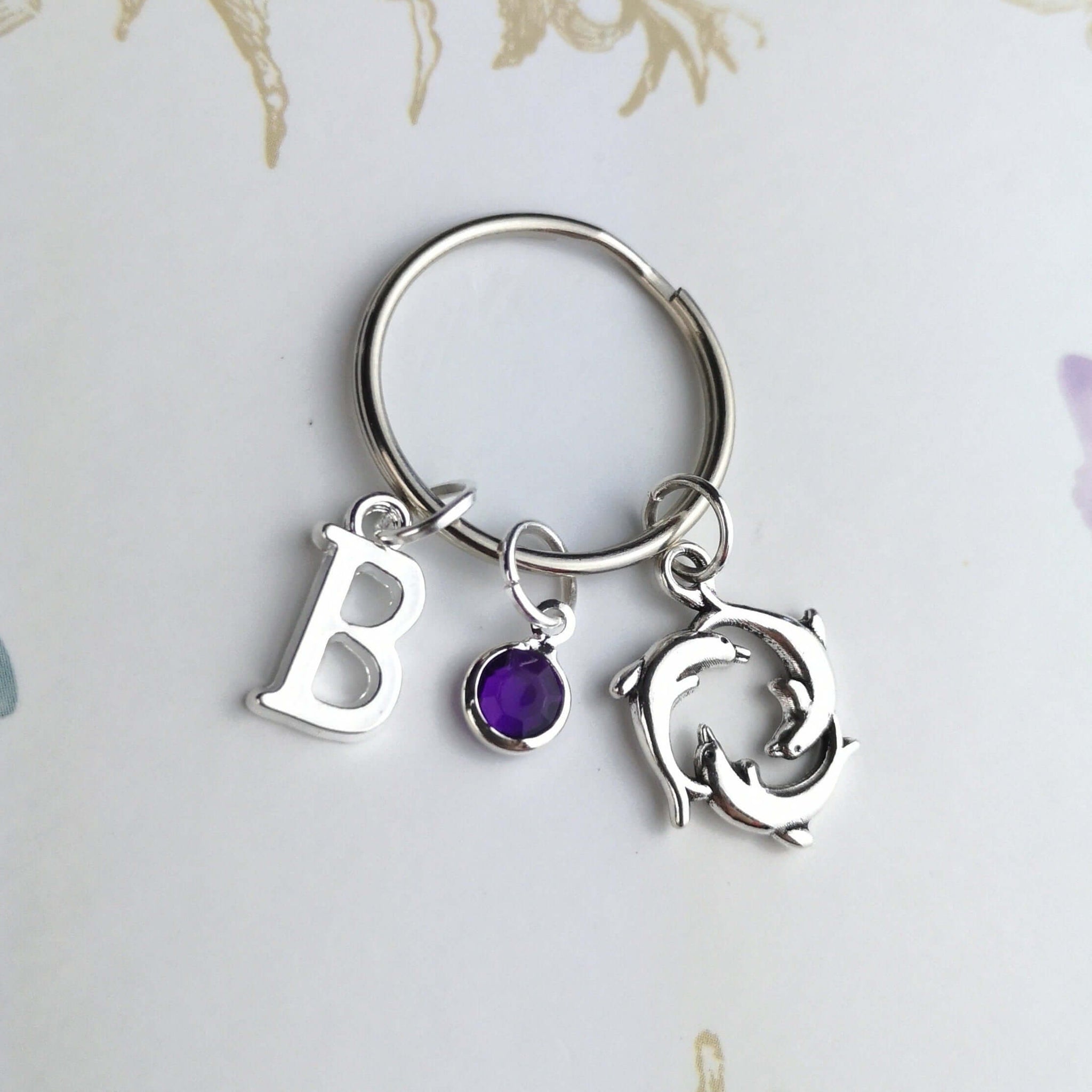 Dolphin keyring with initial and birthstone