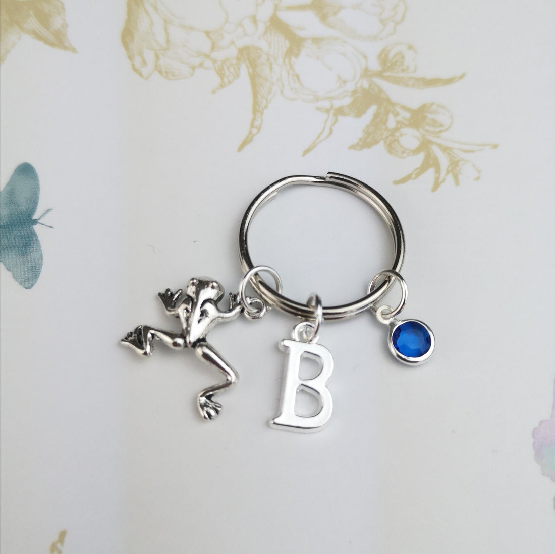 frog keyring with initial and birthstone