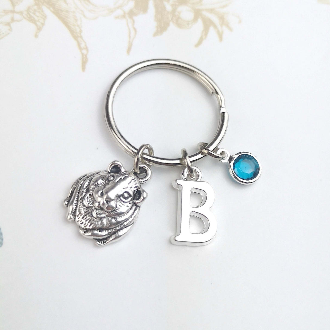 guinea pig keyring with initial and birthstone