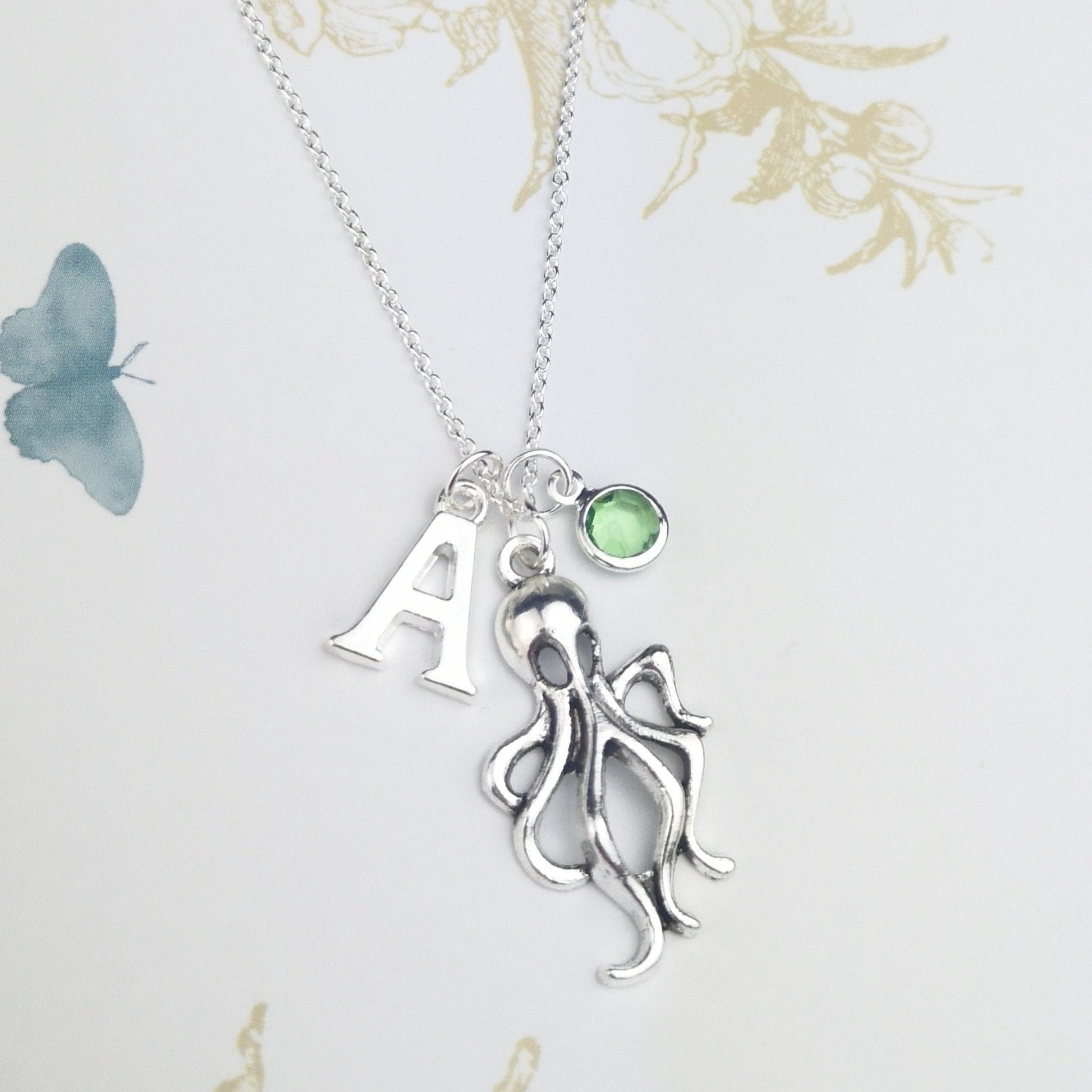 Octopus silver necklace with birthstone and initial