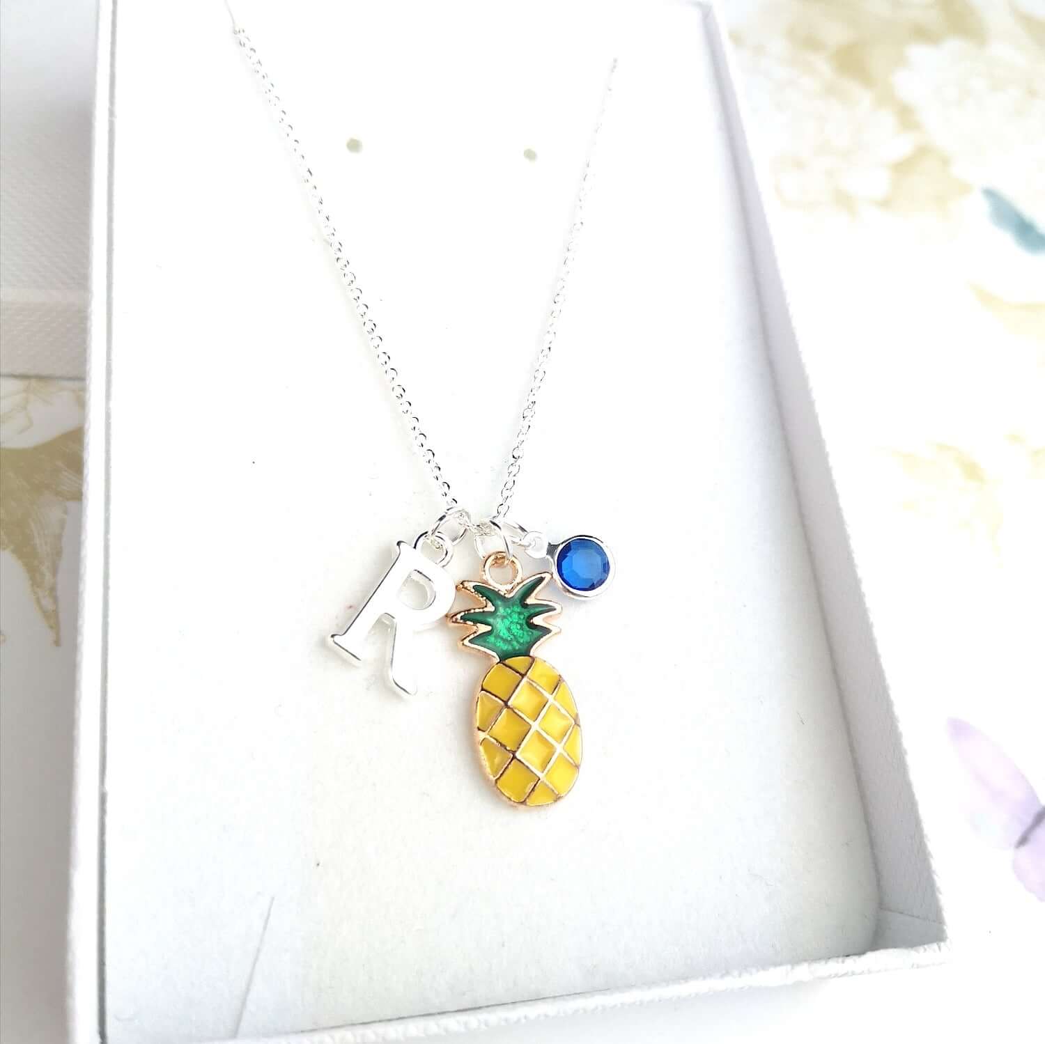 Personalised pineapple silver necklace with initial and birthstone