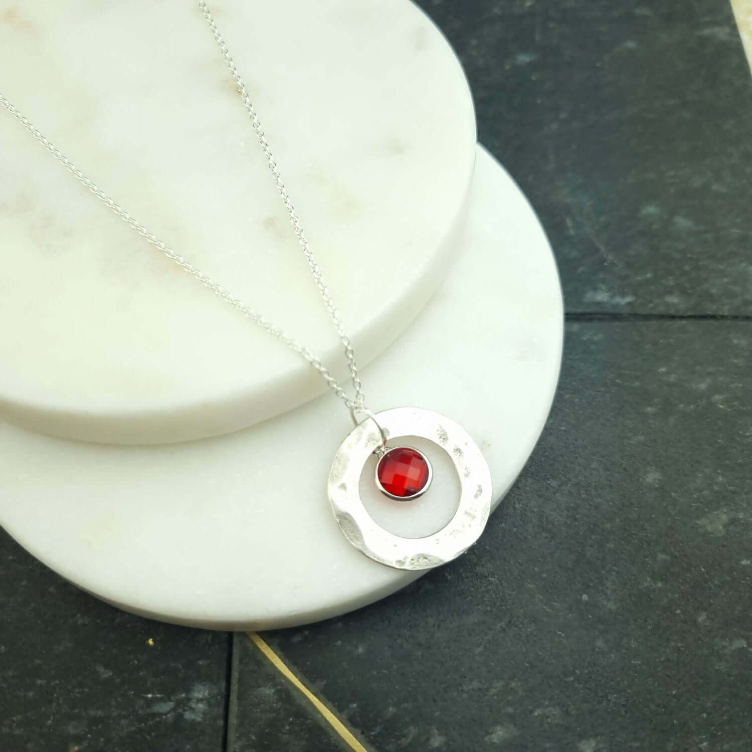 July birthstone necklace with hammered circle disc