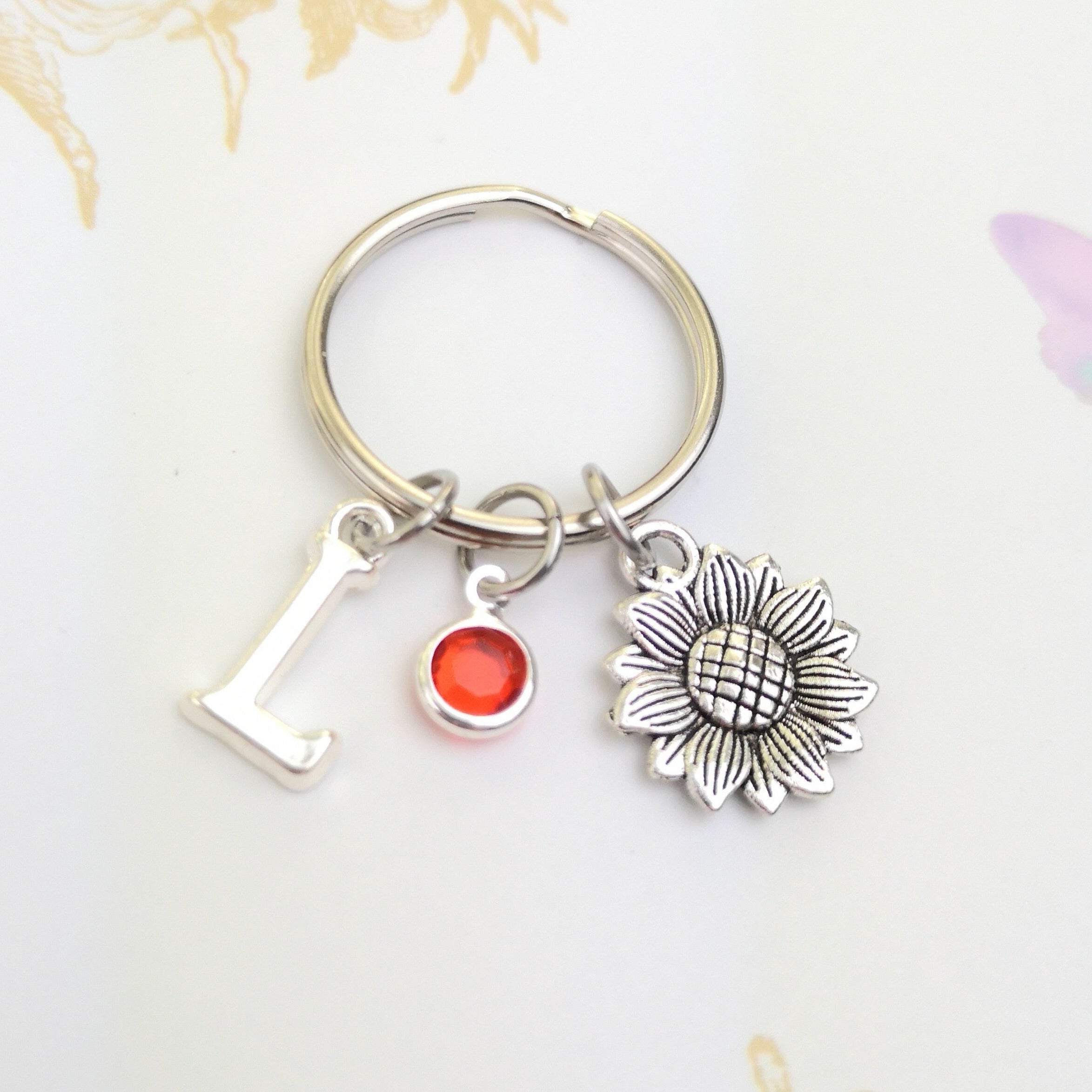 Sunflower keyring personalised with initial and birthstone