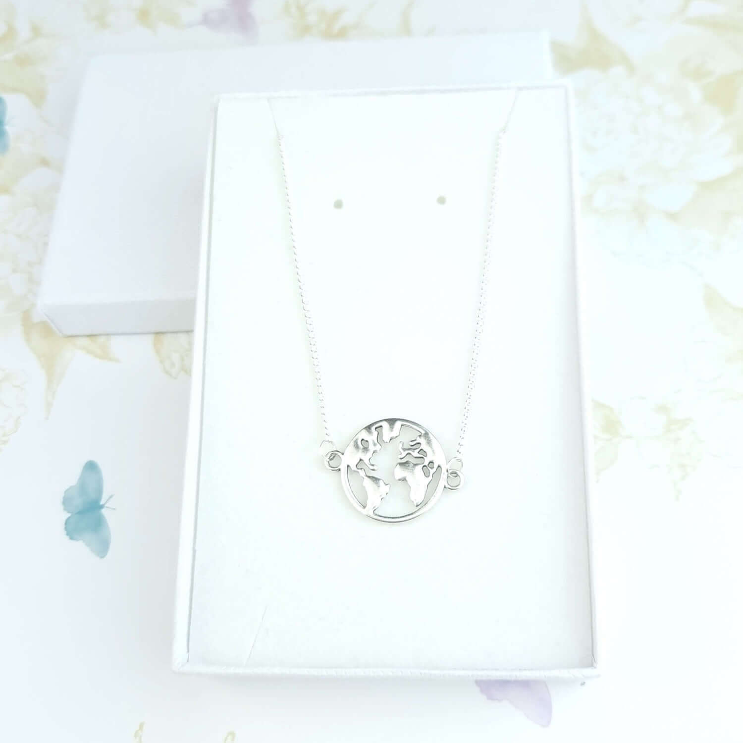 World Globe Map necklace in a gift box
